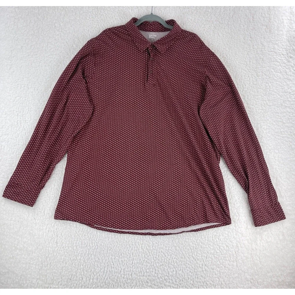 Lands'‎ End Red Long Sleeve Polo Shirt Mens Collared Stretch Geo Print Size XXL